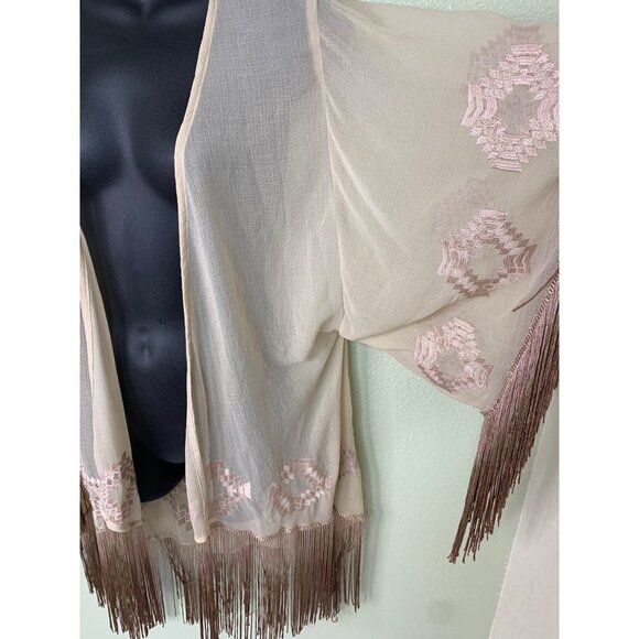 Judith March Cream Cardigan Duster With Embroidery And Brown Fringe Size Medium - Picture 6 of 15